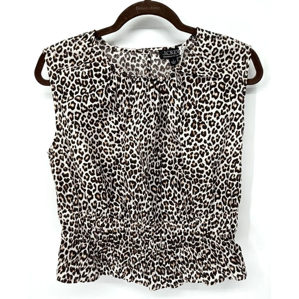 J. Crew Hyacinth Top S Tan Black Leopard Cotton Poplin Smocked Waist Sleeveless